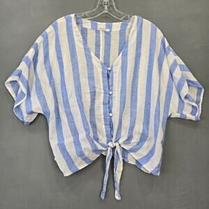 Gap Blue White Striped Linen Shirt Tie Crop Buttons Short Sleeves Women's L Top
